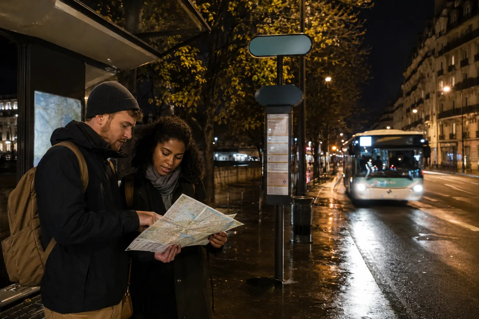 Two travelers checking a route as a Paris night bus approaches