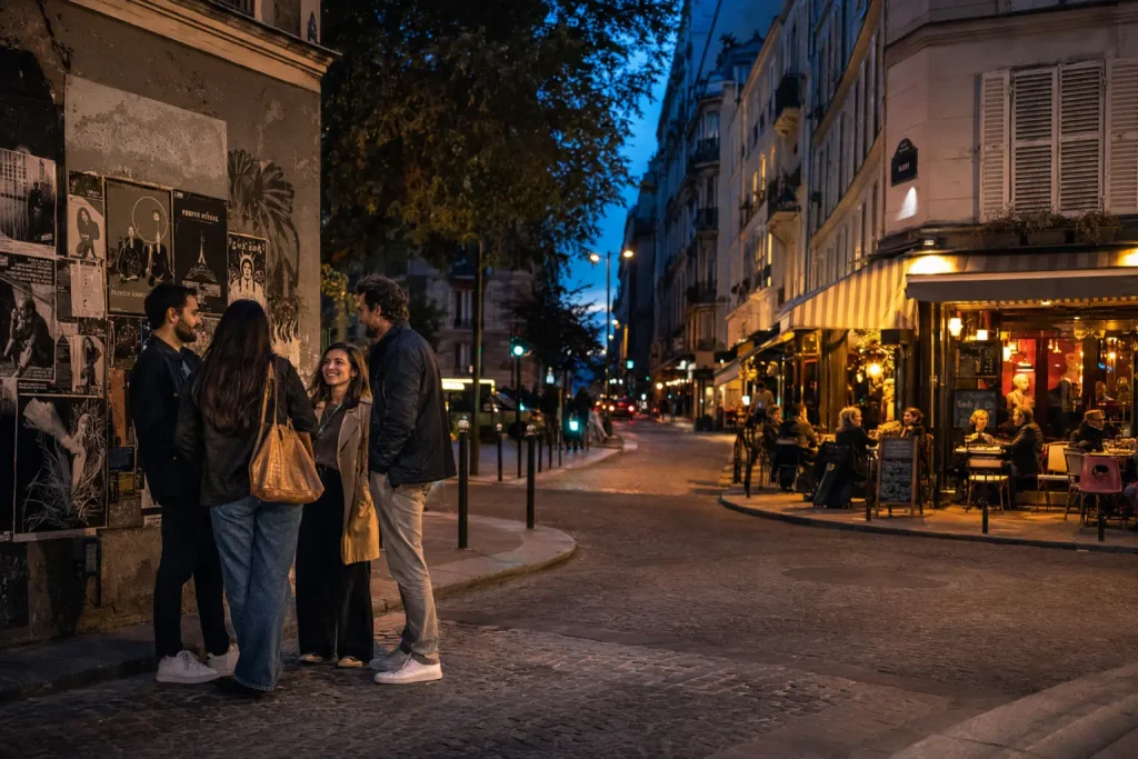 Friends choosing an evening venue near cafés in the 11th arrondissement