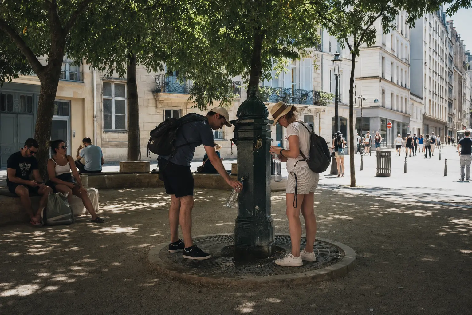 Travelers refilling water bottles at a shaded public fountain during summer in Paris