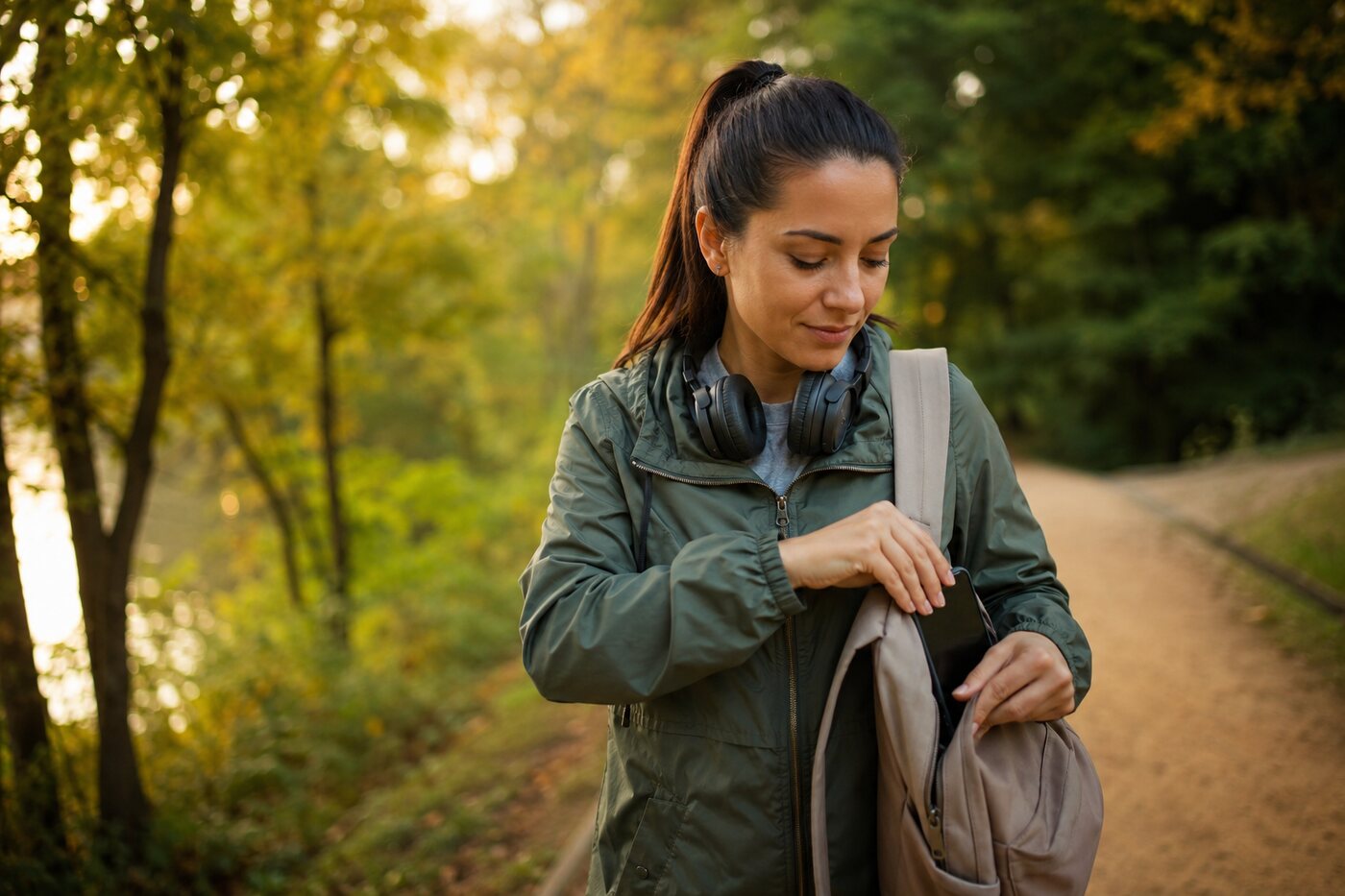Woman putting her phone away before a walk to use self-improvement apps intentionally