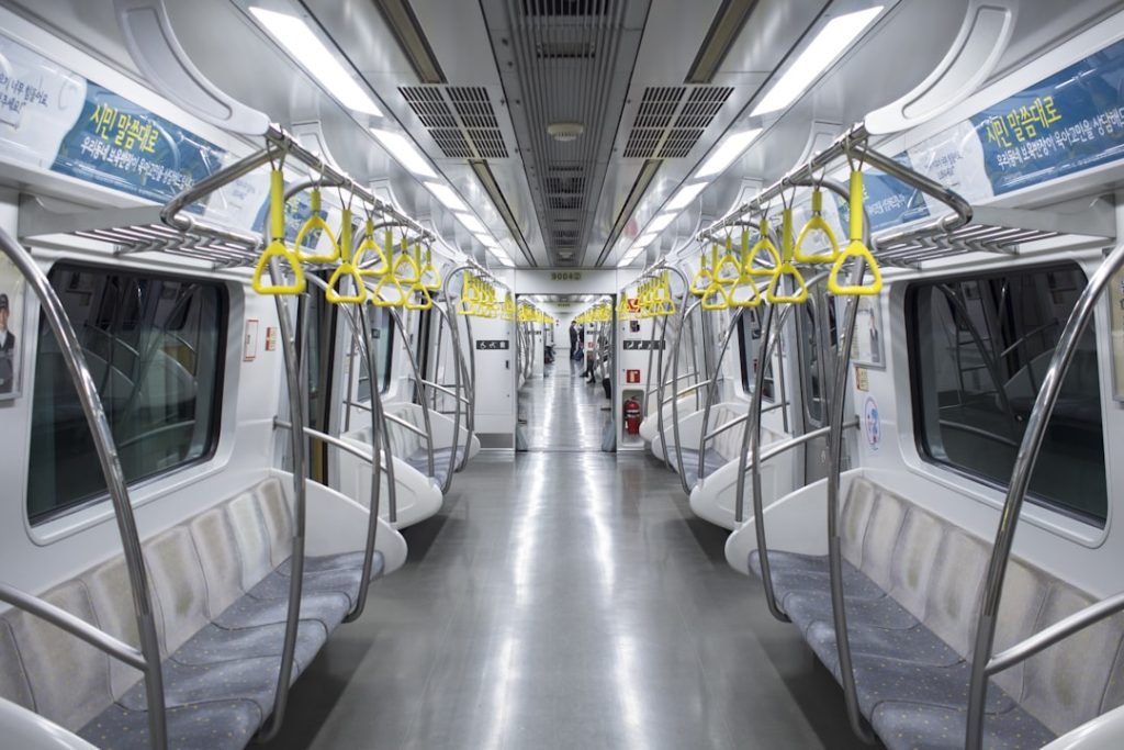Bright interior of a Seoul subway train