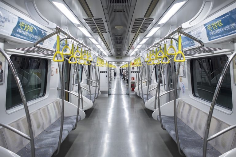 Bright interior of a Seoul subway train