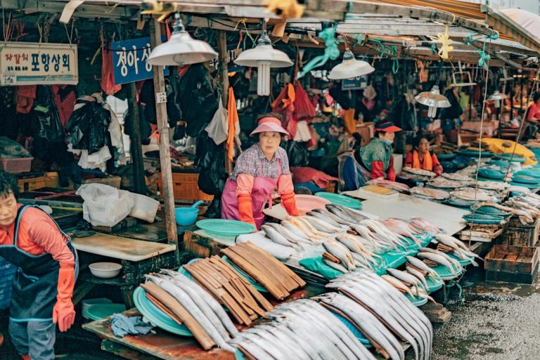 Colorful Korean market scene with traditional textiles