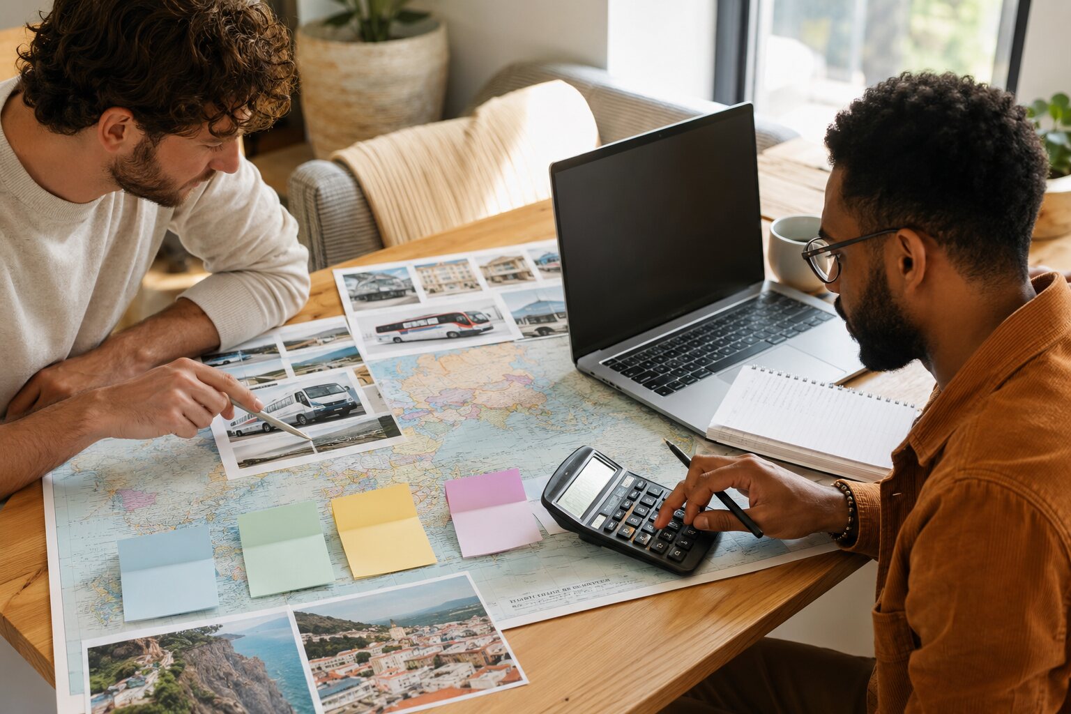 Friends comparing transportation and accommodation costs for a shared trip