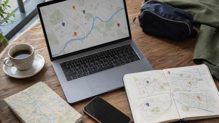 Laptop and notebook used to plan a city trip with saved map pins
