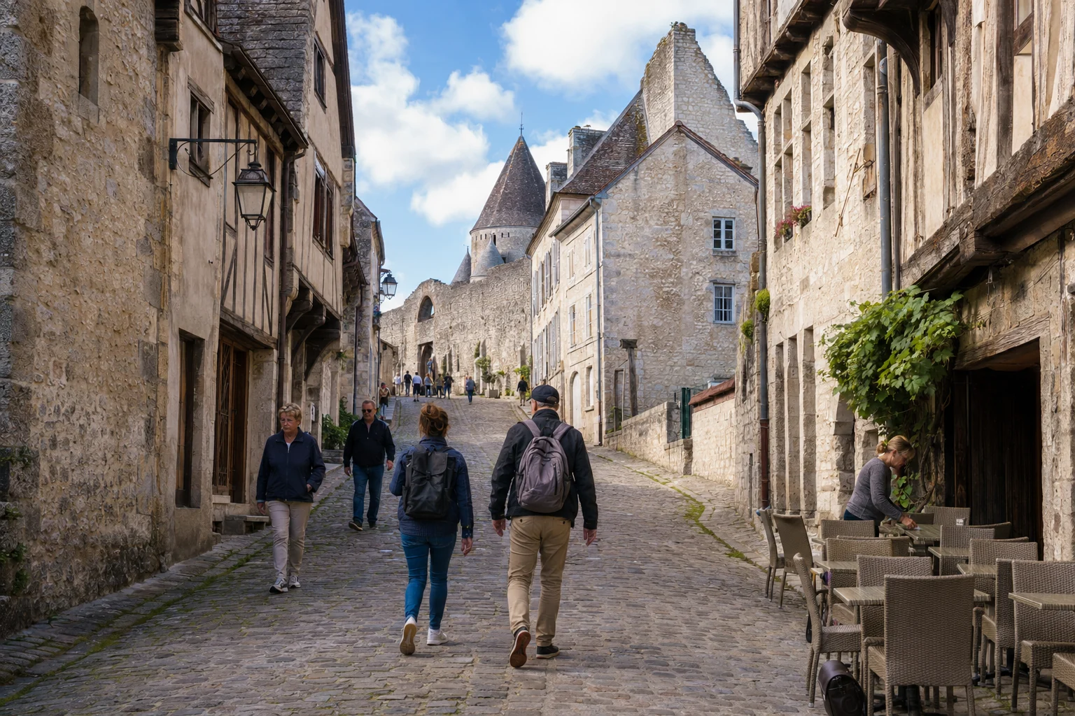 Day visitors walking up a cobbled medieval street in Provins
