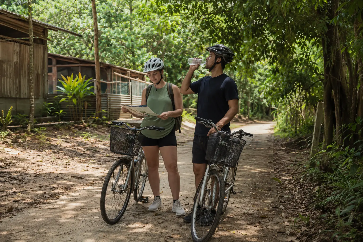 Travelers pausing with bicycles on a Pulau Ubin trail