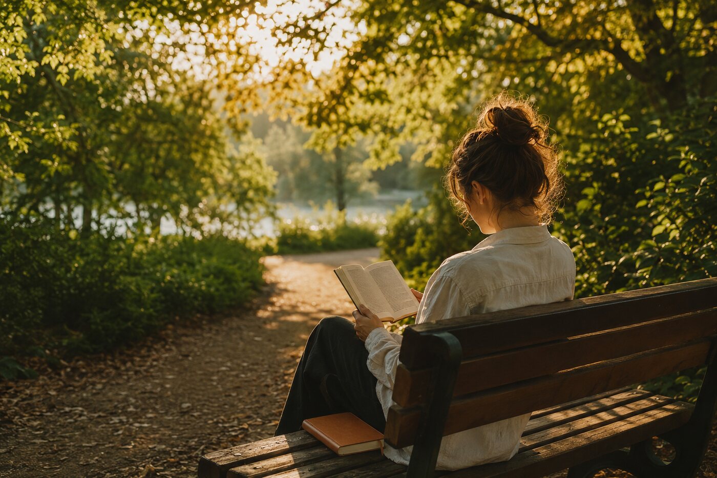 Reader with a self-discovery book on a quiet park bench