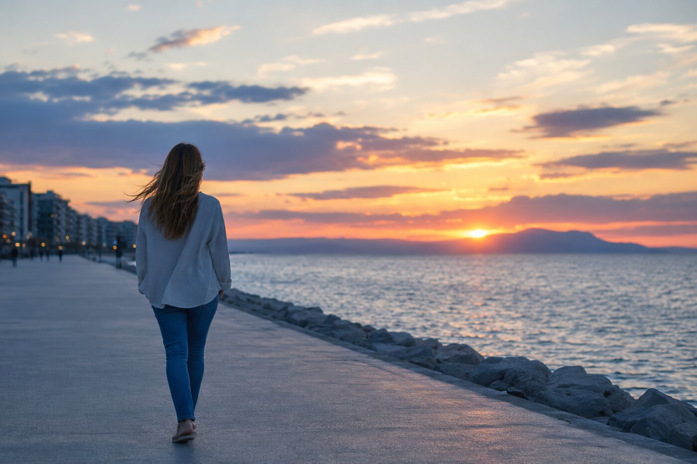 Woman taking a reflective walk during a life reset