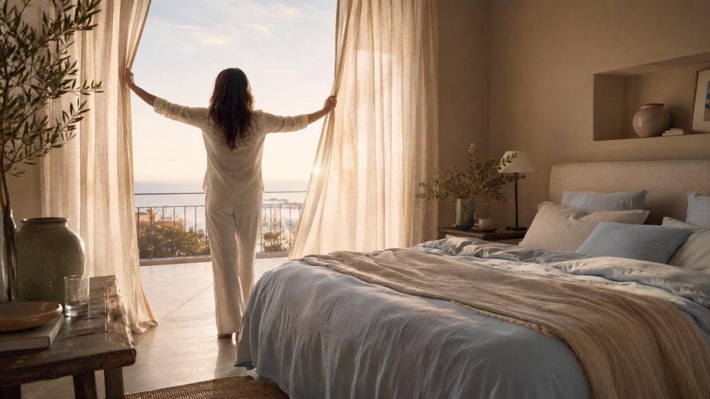 Woman opening curtains at sunrise while resetting her life gently