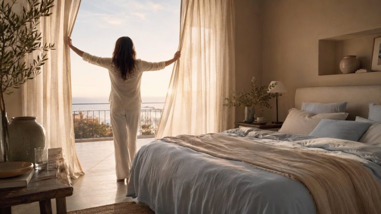 Woman opening curtains at sunrise while resetting her life gently