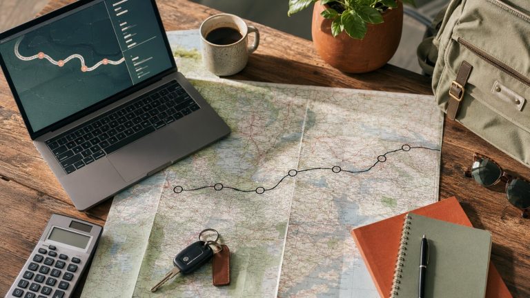 Map, laptop and calculator used to plan a road trip route