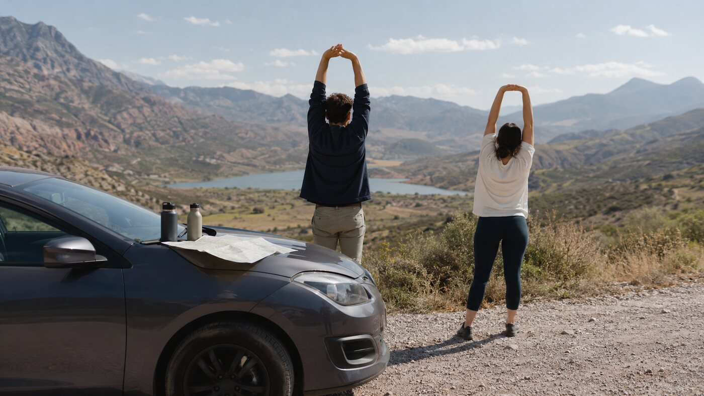 Travelers stretching during a safe scenic road trip stop