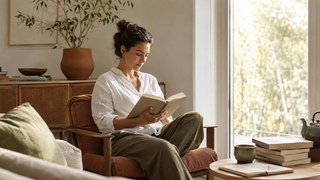 Woman reading one of the best self-discovery books beside a sunlit window