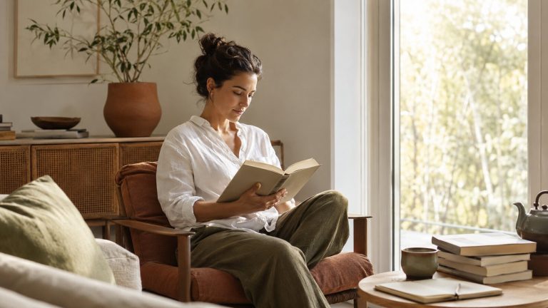 Woman reading one of the best self-discovery books beside a sunlit window