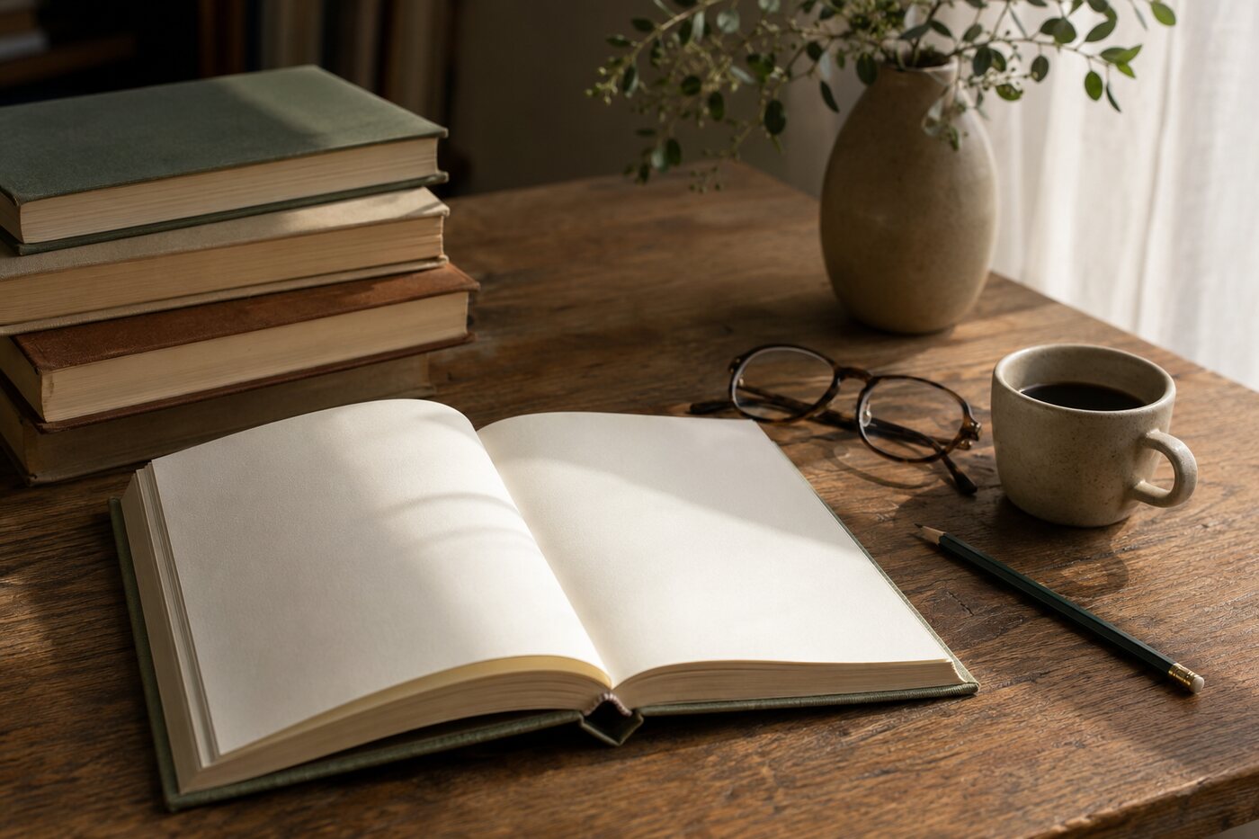 Open journal and stack of self-discovery books on a wooden table