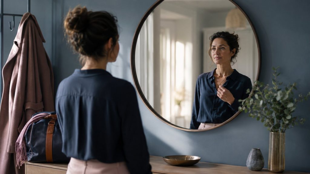 Woman reflecting on self-esteem versus self-confidence before leaving home