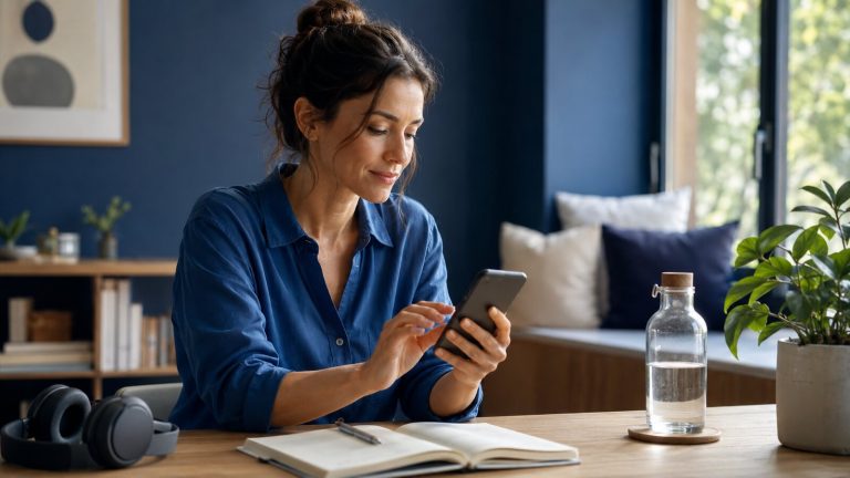 Woman comparing the best apps for self-improvement at her desk