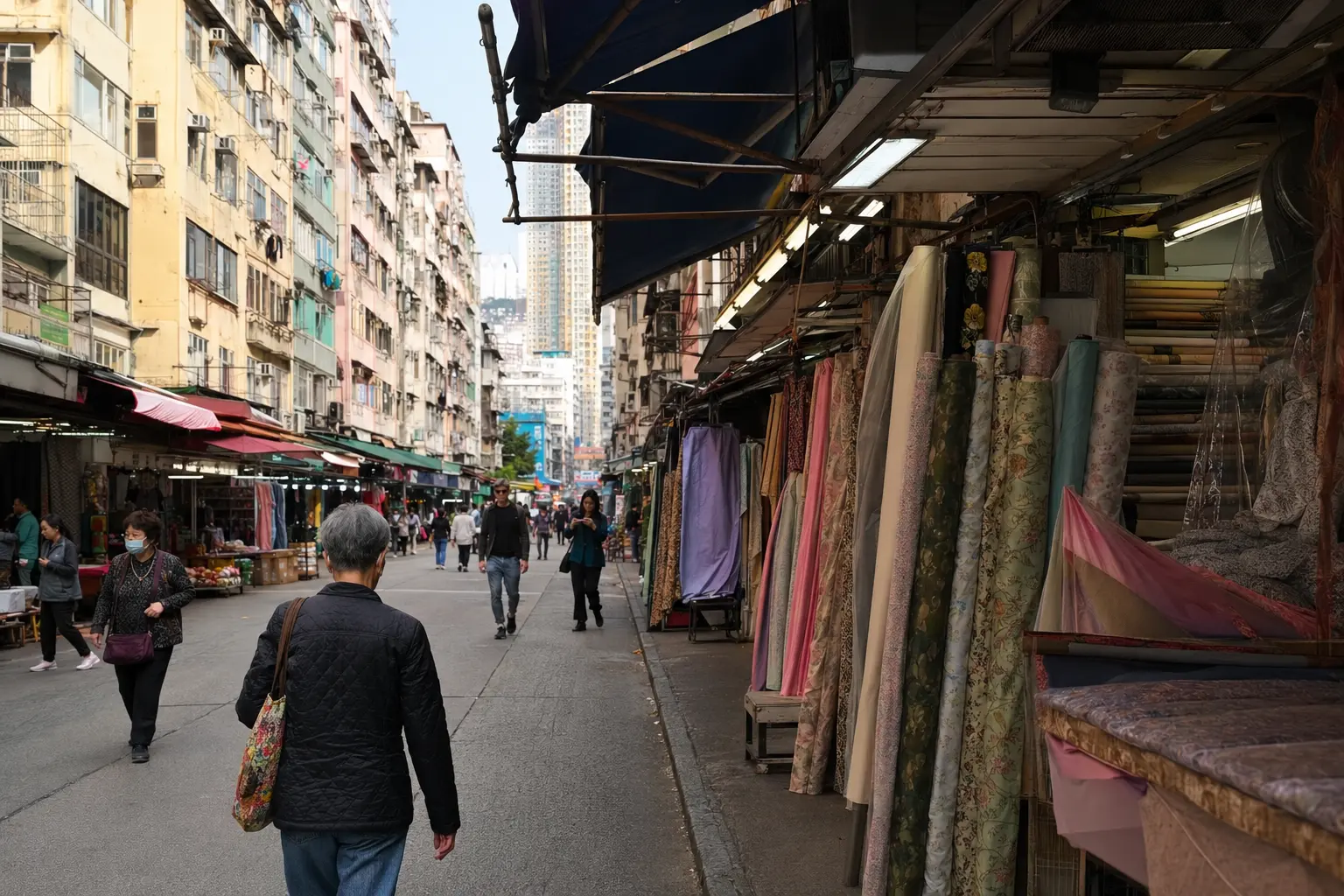 Fabric shops and everyday street life in Sham Shui Po, Hong Kong