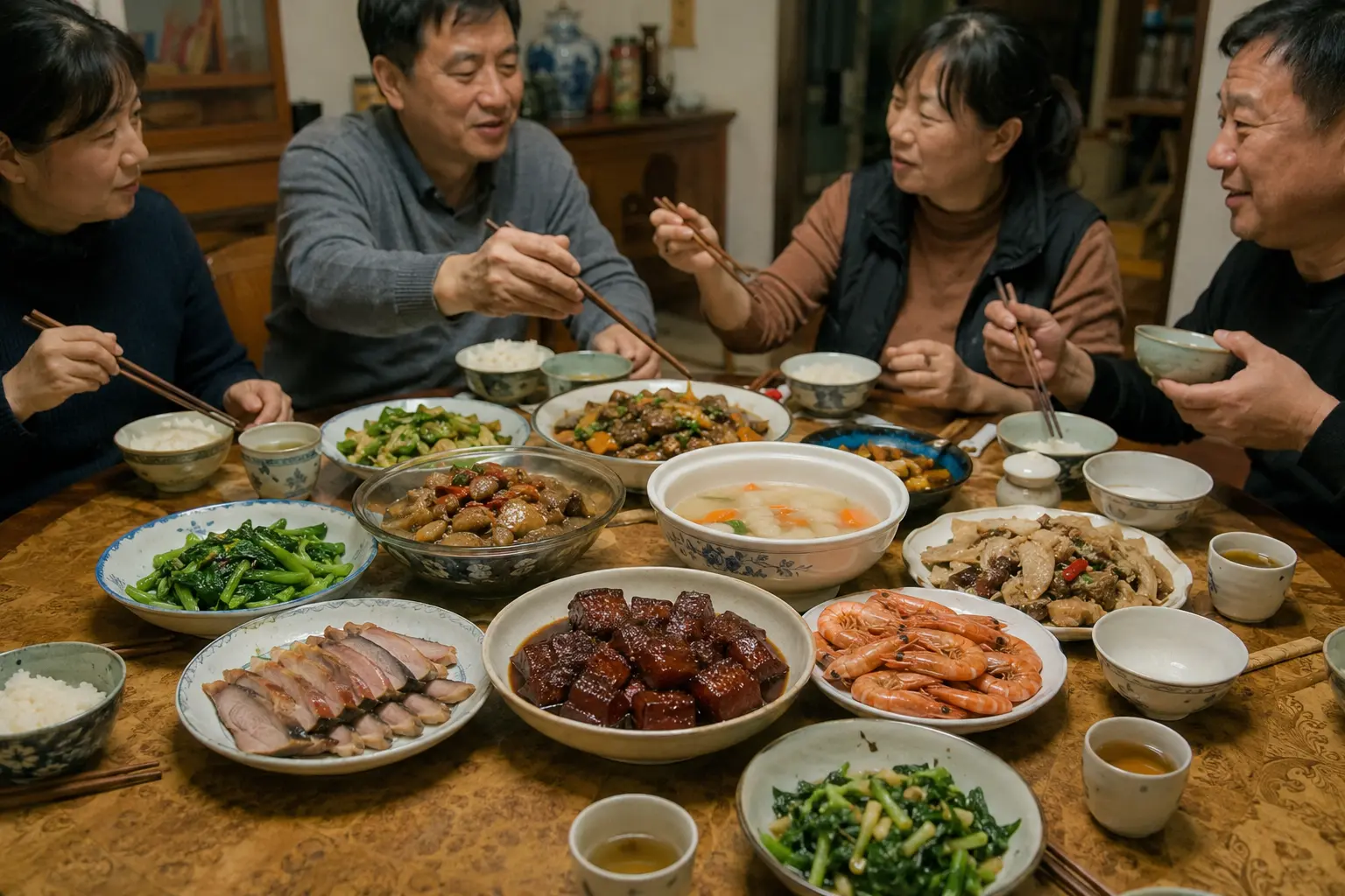 Family sharing a Shanghainese benbang dinner with braised pork, shrimp and vegetables