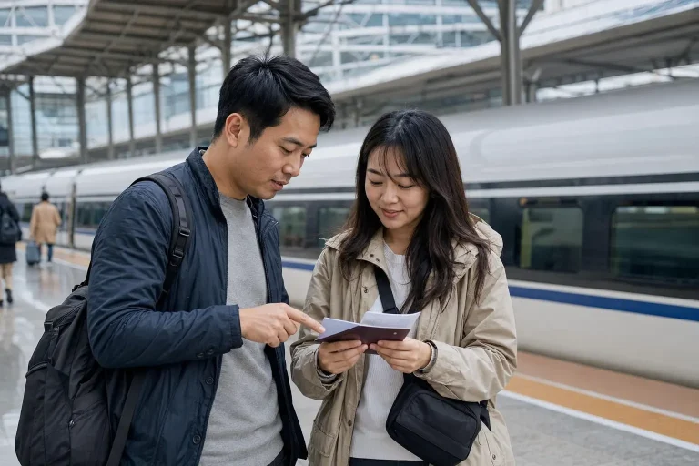 Travelers checking passports and train details at a Shanghai railway platform