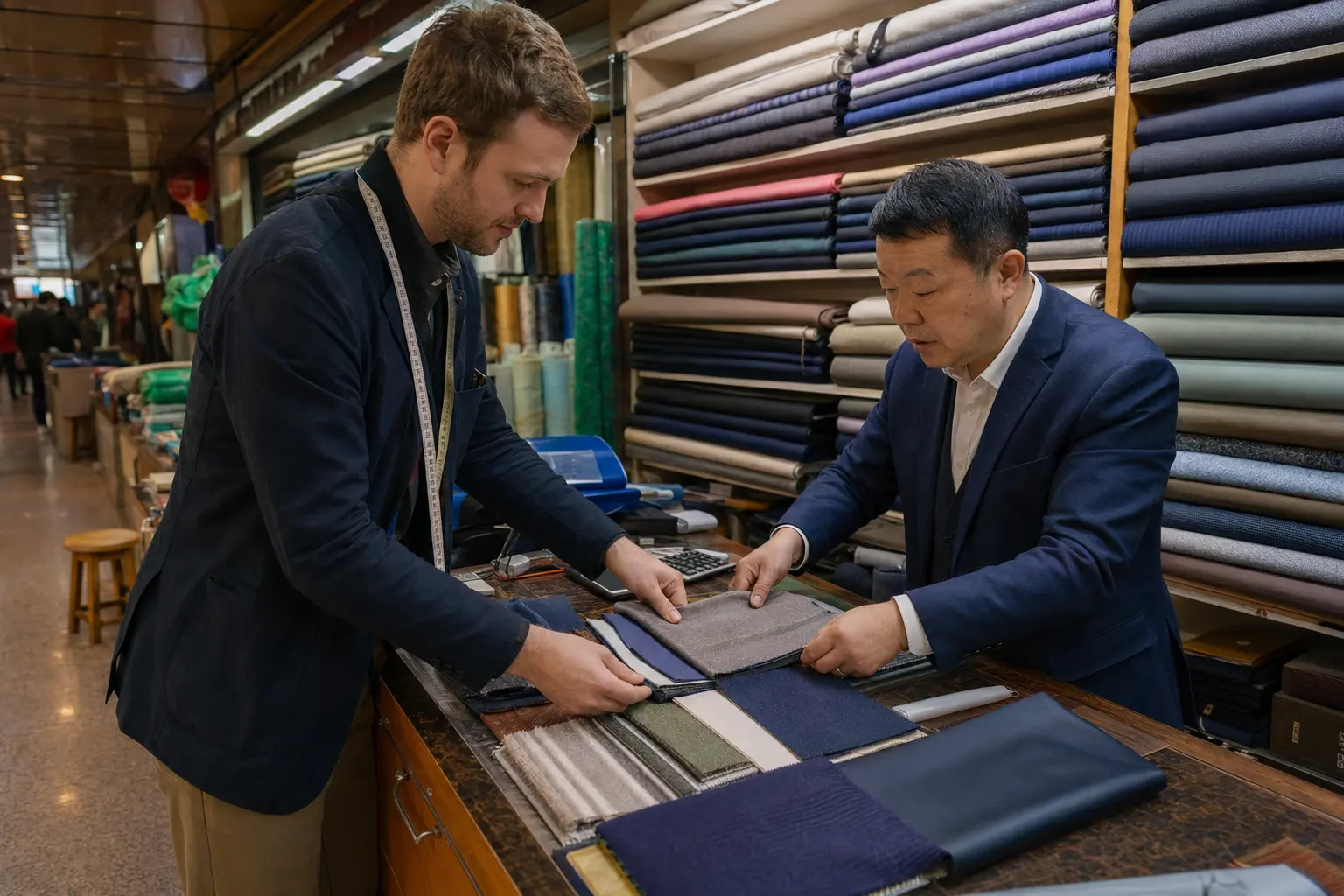 Traveler selecting fabric with a tailor at a Shanghai textile market