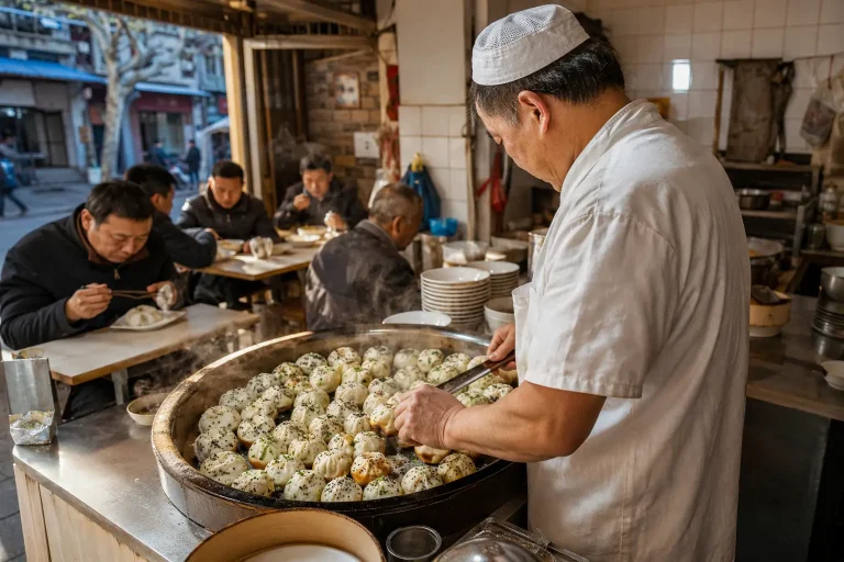 Cook preparing pan-fried shengjian buns in a busy Shanghai breakfast shop