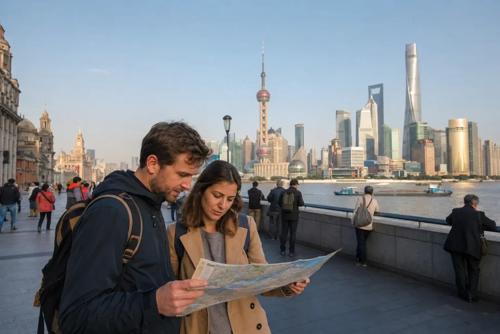 Travelers planning a Shanghai itinerary on the Bund with the Lujiazui skyline beyond