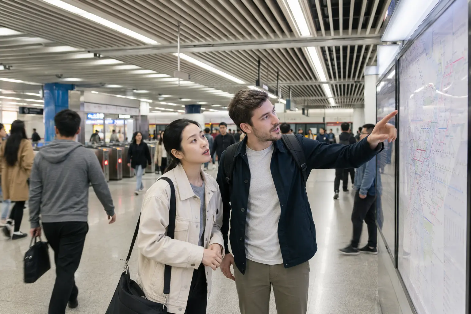 Travelers checking the correct exit at a Shanghai Metro interchange