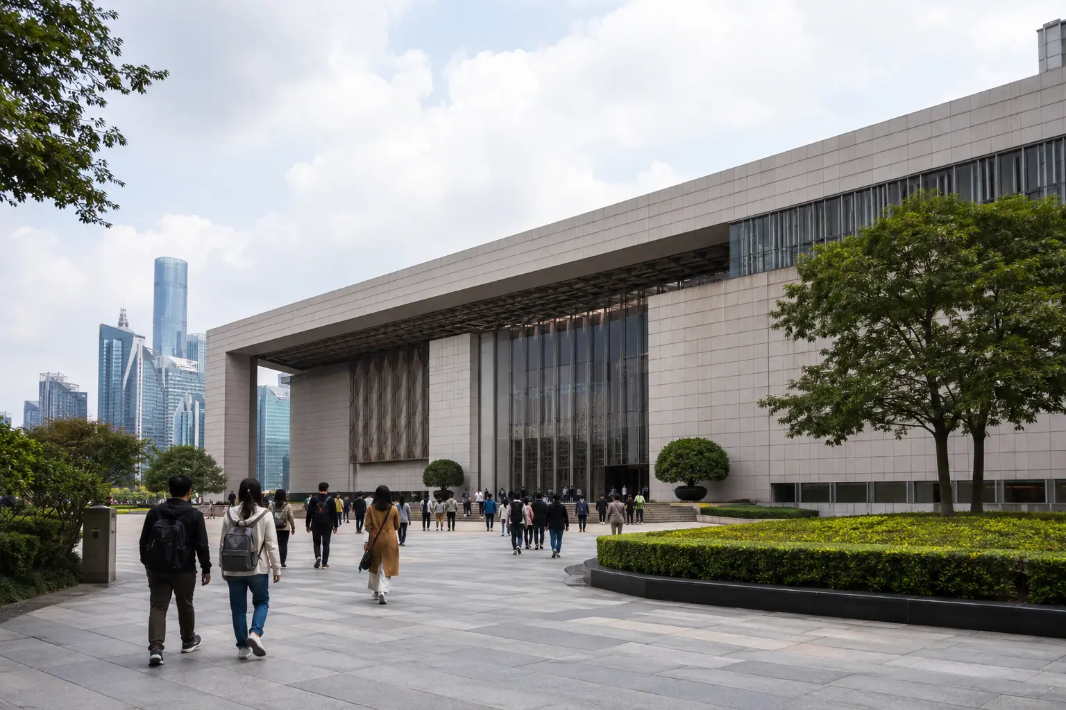 Visitors approaching a contemporary museum in Pudong during a Shanghai culture day