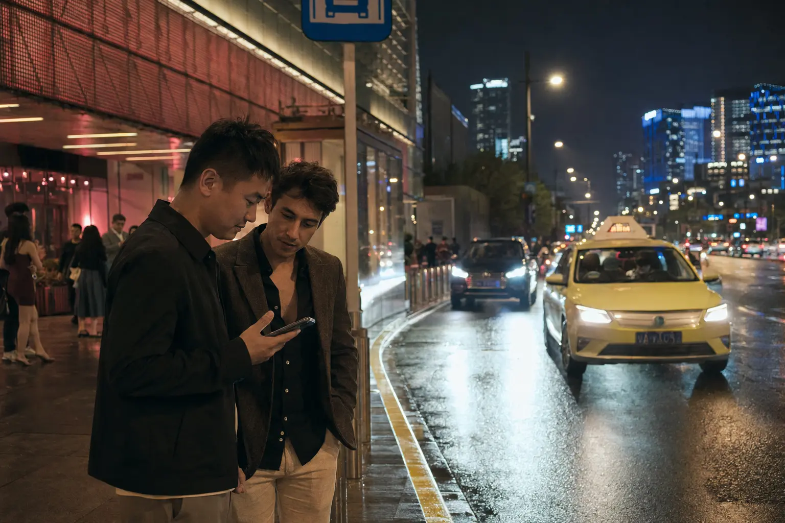 Friends checking a ride-hailing pickup beside a Shanghai nightlife venue
