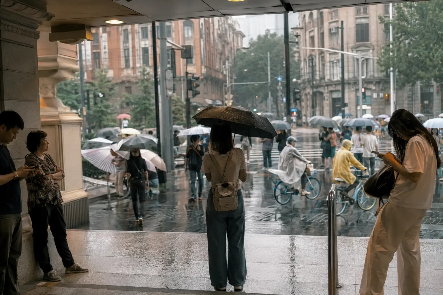Pedestrians and cyclists moving through heavy summer rain in central Shanghai