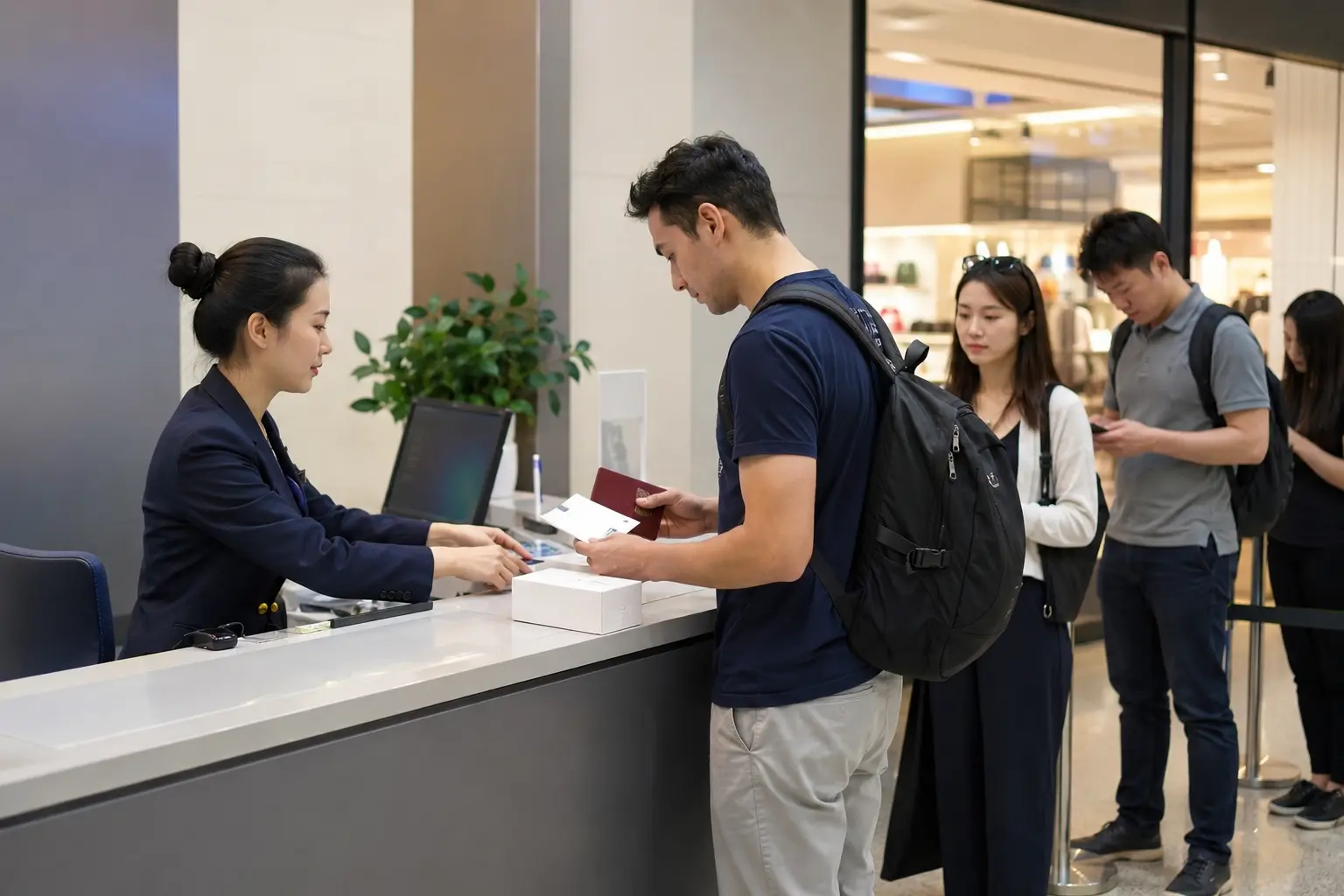 Overseas shopper presenting a passport and receipts at a Shanghai tax-refund counter