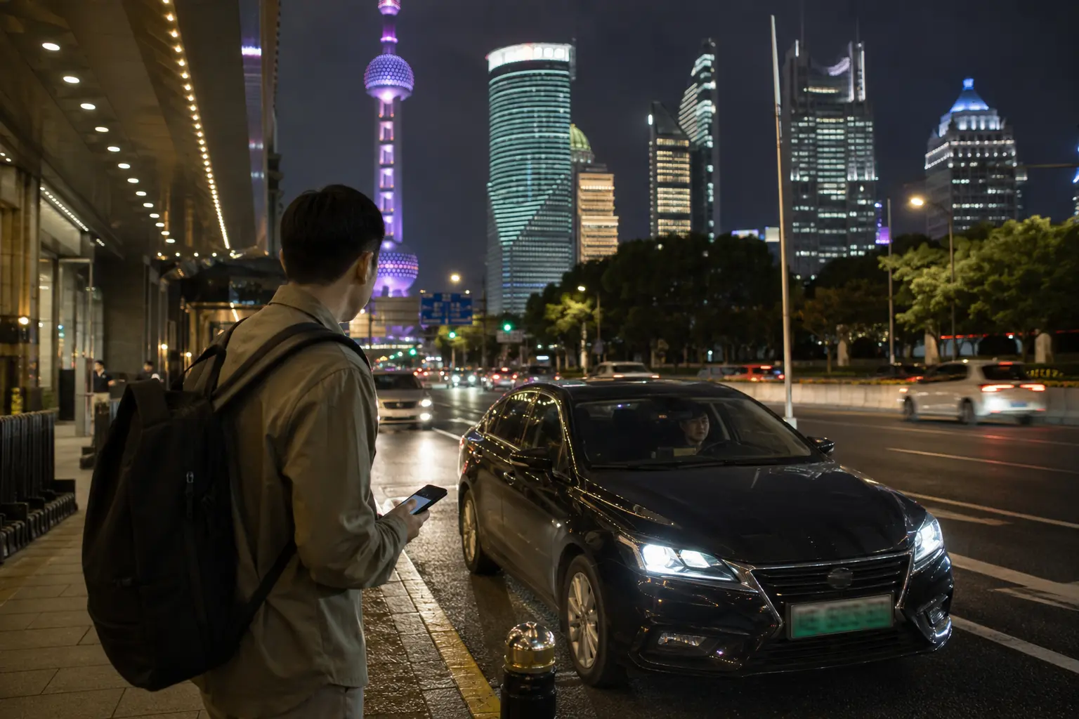Traveler verifying a car at a well-lit Shanghai pickup point