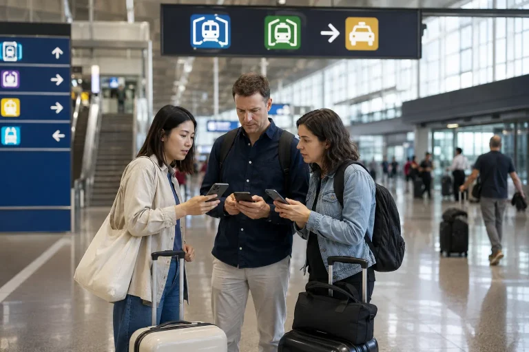 Travelers comparing transport options in a Shanghai airport terminal