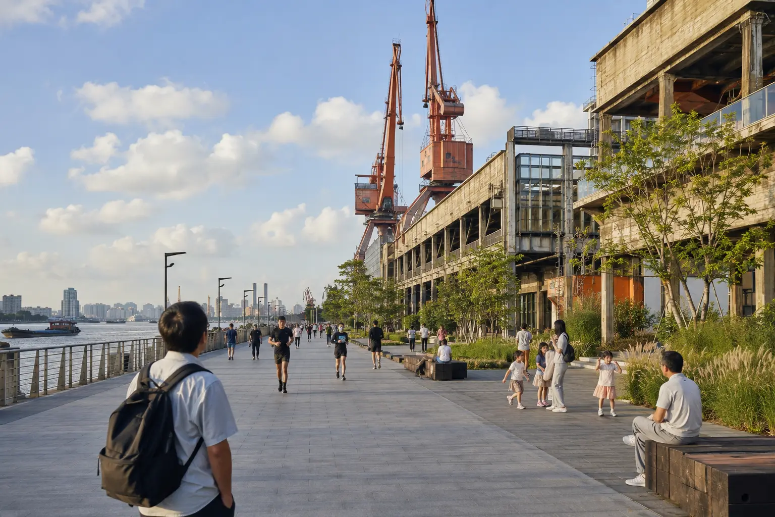 Walkers using the Yangpu riverside beside preserved industrial structures