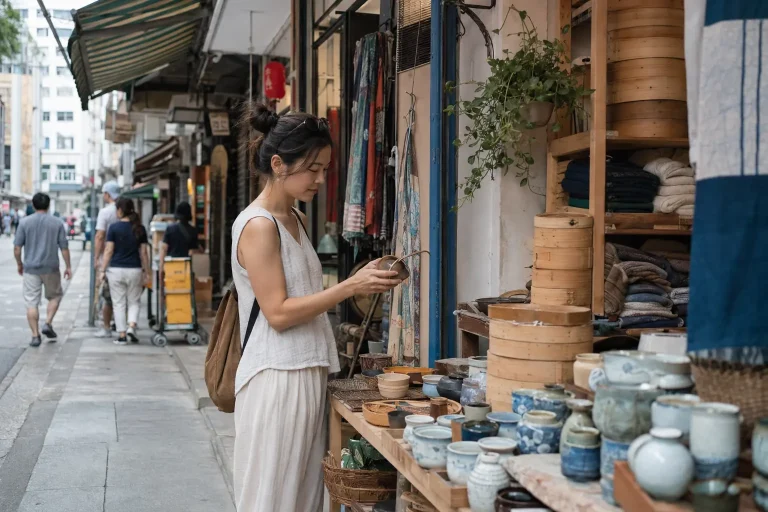 Traveler browsing ceramics and practical homewares at a Sheung Wan shop in Hong Kong