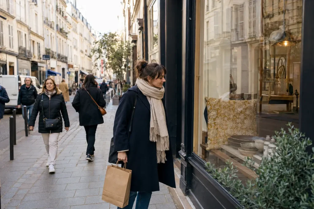Shopper carrying a paper bag while browsing a homeware window on a Paris street