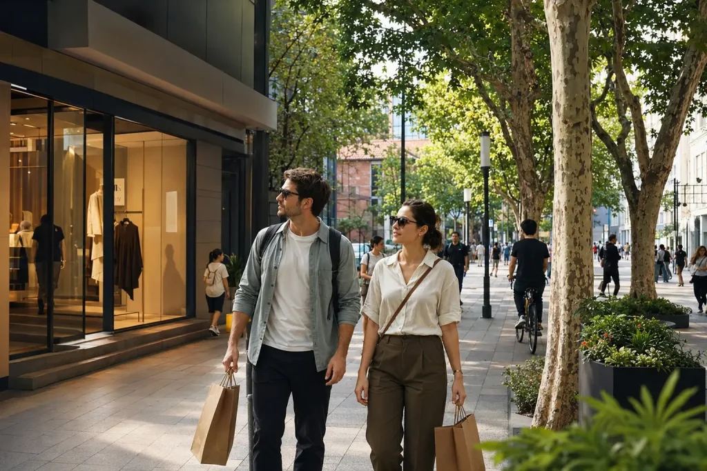 Travelers browsing fashion and design stores on a tree-lined Shanghai shopping street
