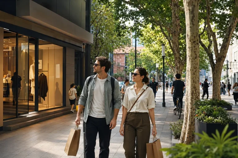 Travelers browsing fashion and design stores on a tree-lined Shanghai shopping street