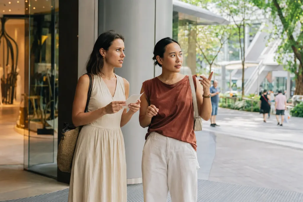 Travelers choosing between shopping areas on Orchard Road