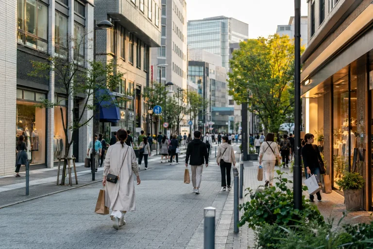 Pedestrians shopping along a contemporary Tokyo retail street in late afternoon