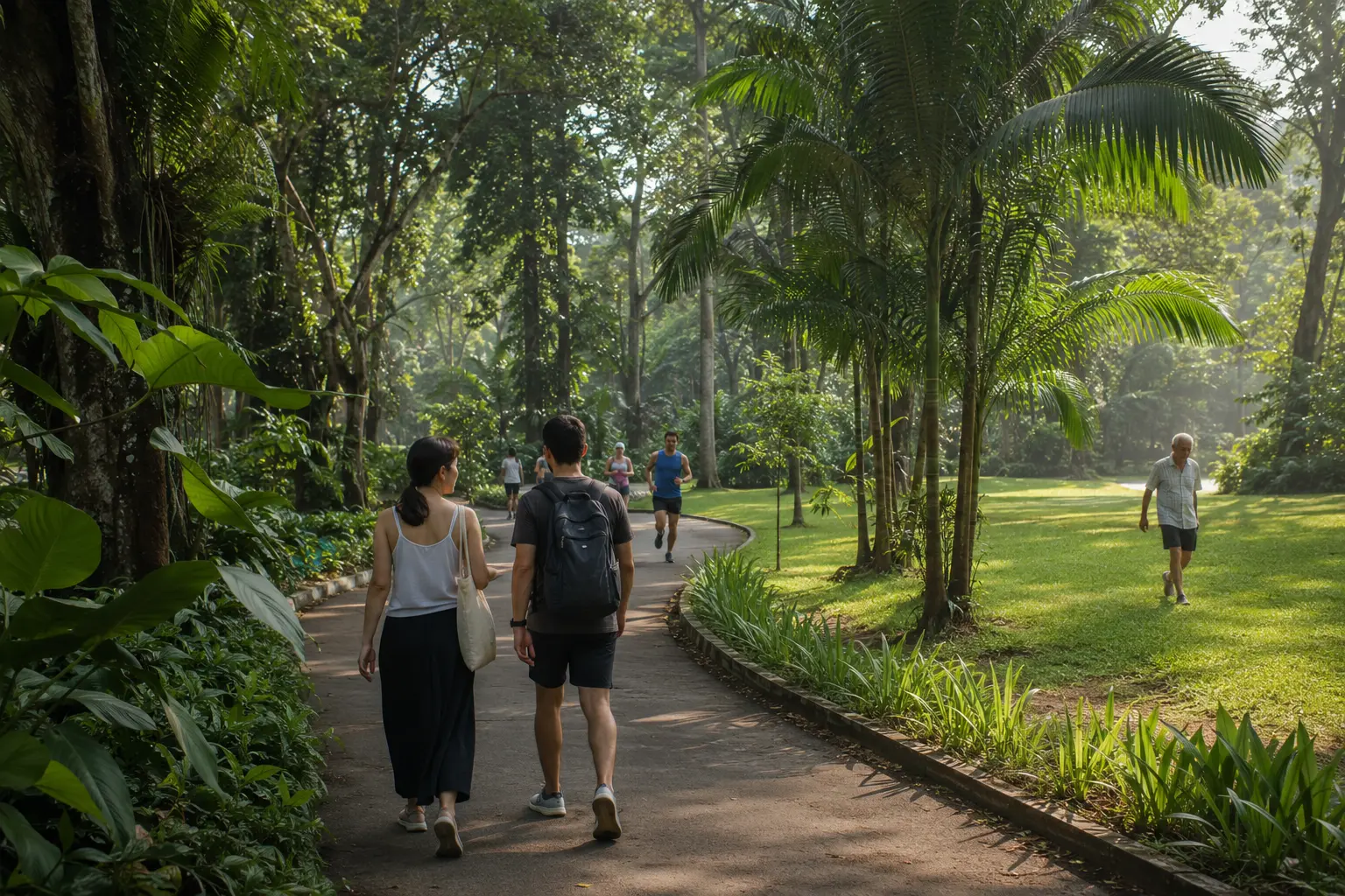 Travelers walking through tropical paths in Singapore Botanic Gardens