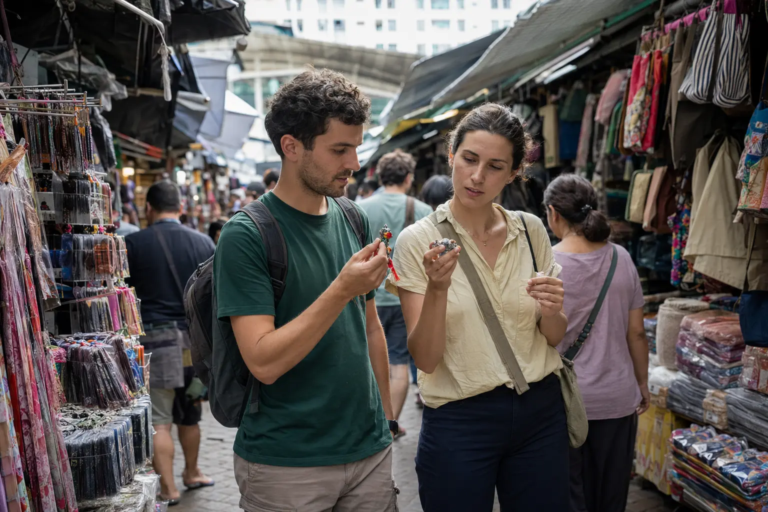 Travelers comparing souvenirs at Bugis Street Market