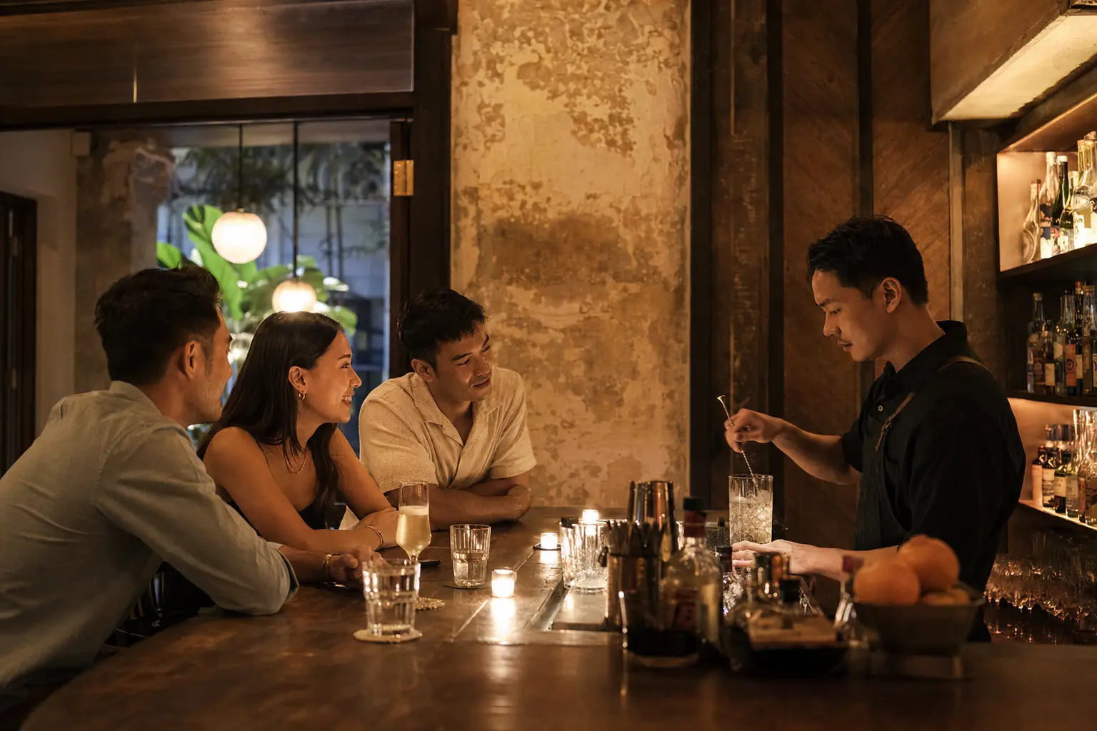 Friends talking with a bartender in a Singapore shophouse bar