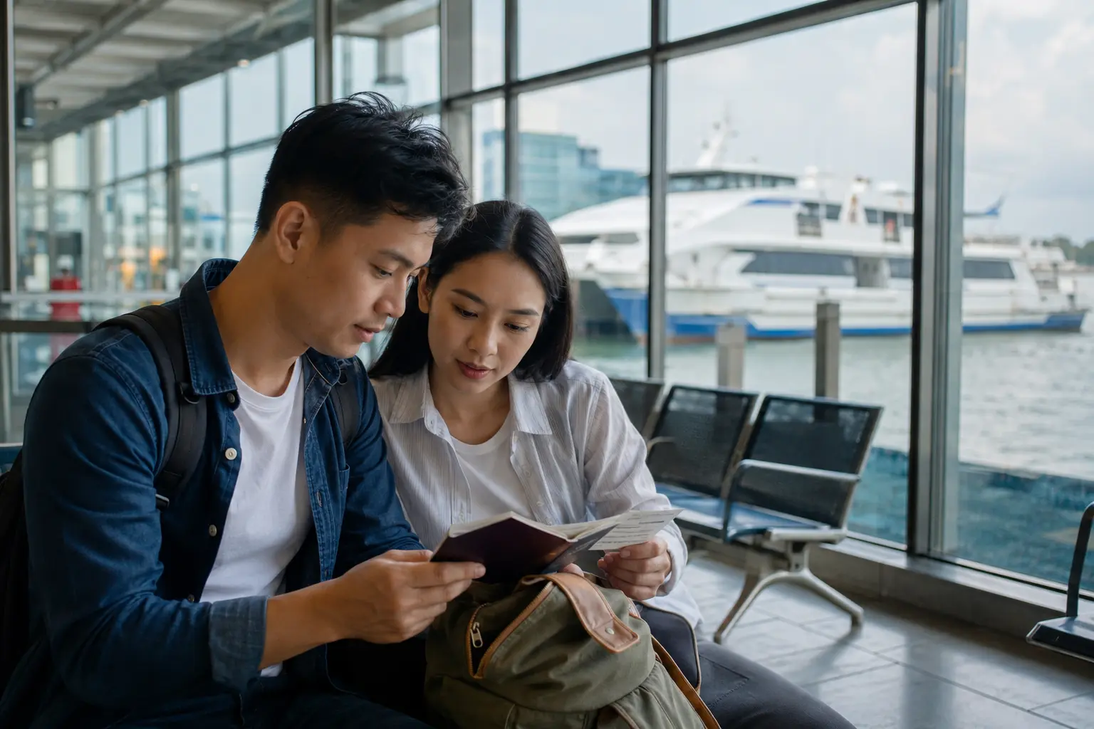 Travelers checking passports before a regional ferry from Singapore