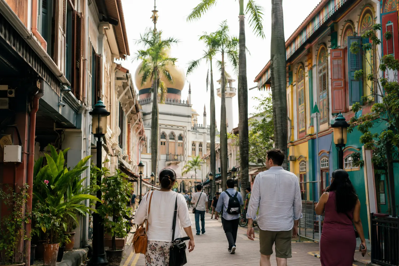 Travelers walking through Singapore cultural neighborhoods