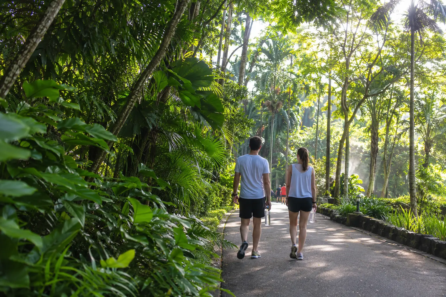 Travelers walking in Singapore Botanic Gardens during a drier morning