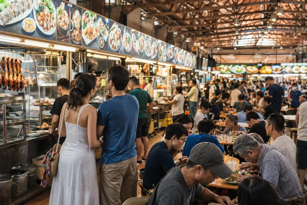Travelers choosing Singapore food at a busy hawker center