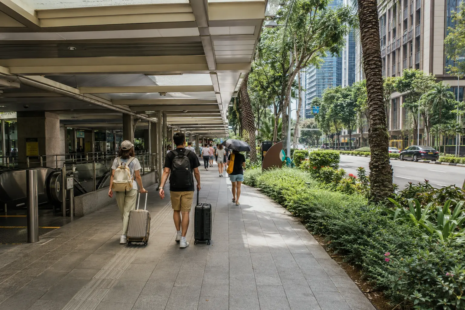 Travelers walking with luggage from an MRT station to a Singapore hotel